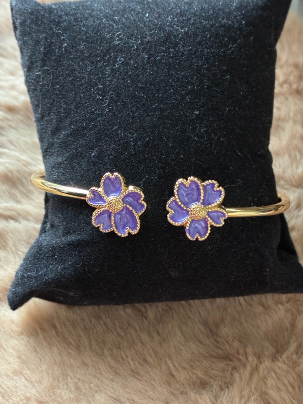 Gold-Tone Bangle Bracelet with Purple Flower Accents